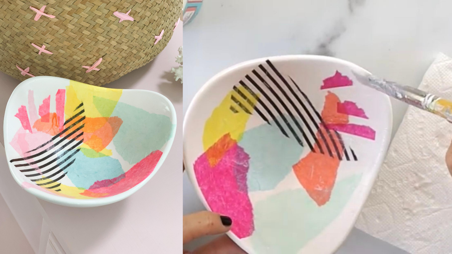 this is a photo of a white bowl that is using the decoupage technique to add colorful tissue paper to make a diy jewelry holder