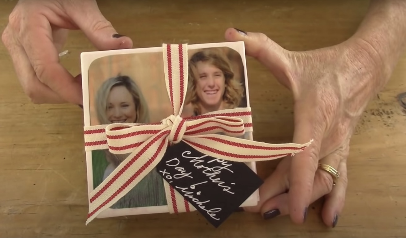 This is a photo of the finished DIY project to Make Tile Photo Coasters for a Mother's Day Gift Idea