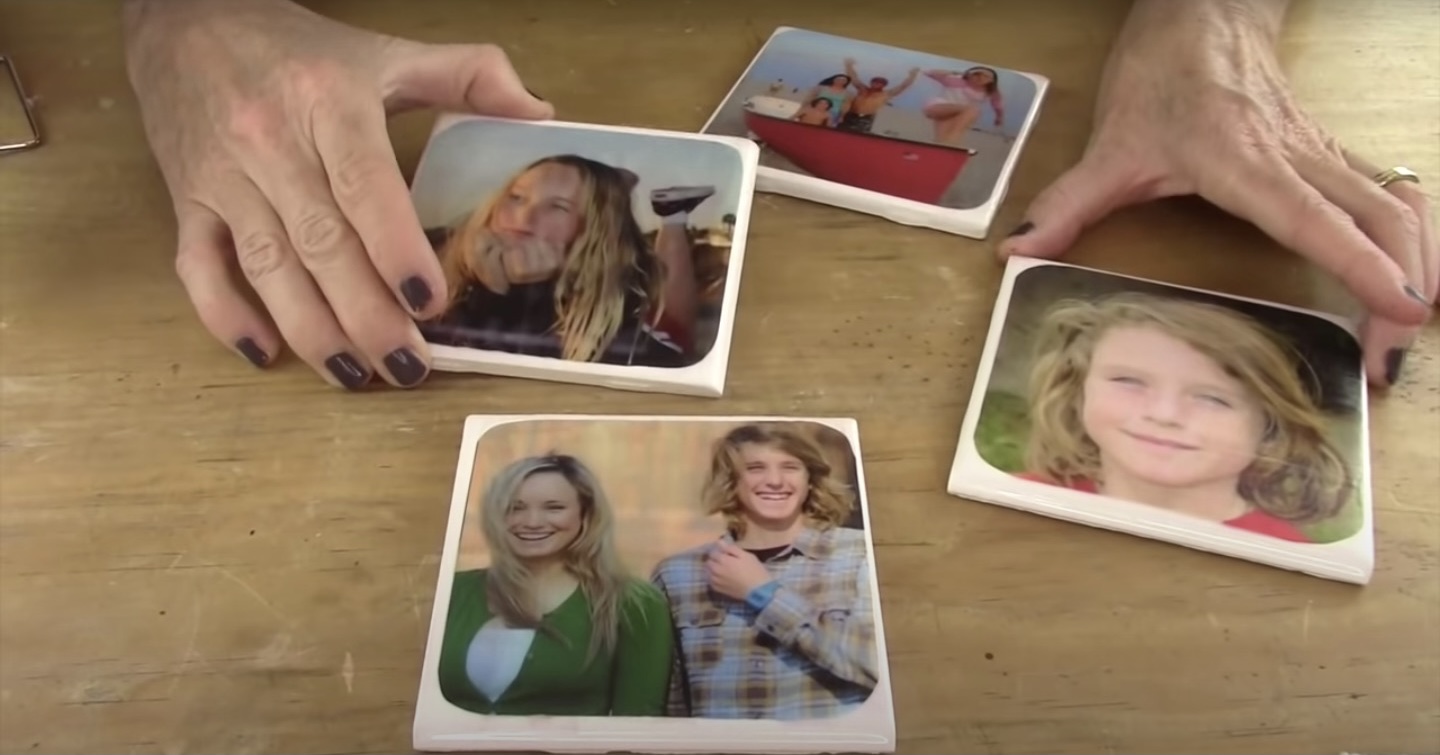 This shows what the photos look like on the tile coasters before they are sealed for the DIY Photo coasters.