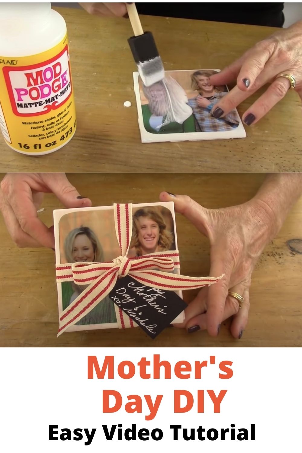 This is a Pinterest Pin to use showing your DIY Photo Coasters looks after they are tied with a custom tag and ribbon.